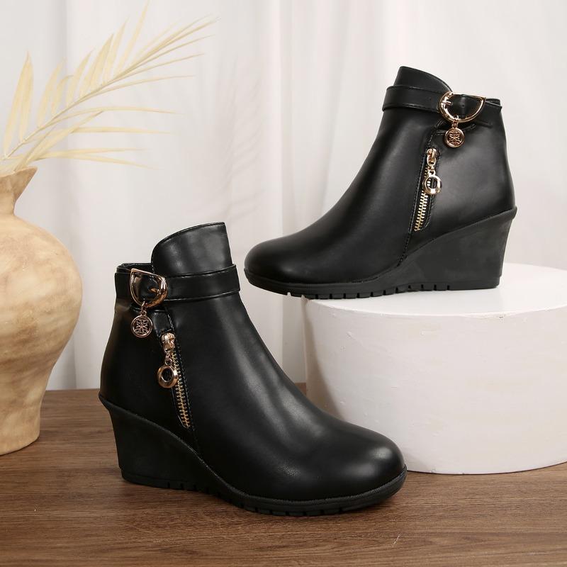 Fashion Soft Sole Wedge Round Toe Mother Shoes Women Middle-aged and Elderly Cotton Shoes Short Boots Autumn and Winter