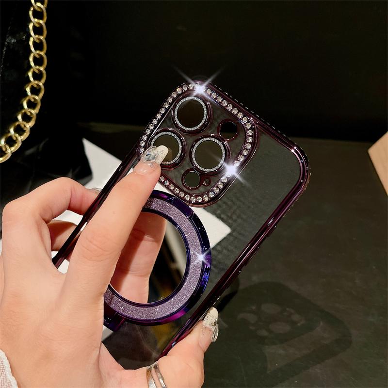 For iPhone 16 Pro Max Luxury Glitter Holder Stand Plating Frame Phone Case For iPhone 11 12 13 14 15 16 Plus Flash Diamond Cover