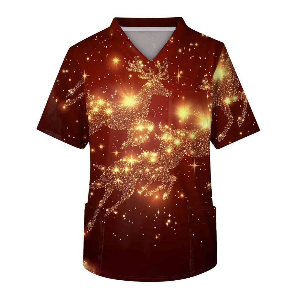 Kurzärmliges Pflegeoberteil für Herren mit V-Ausschnitt und Weihnachtsdruck auf der Brusttasche