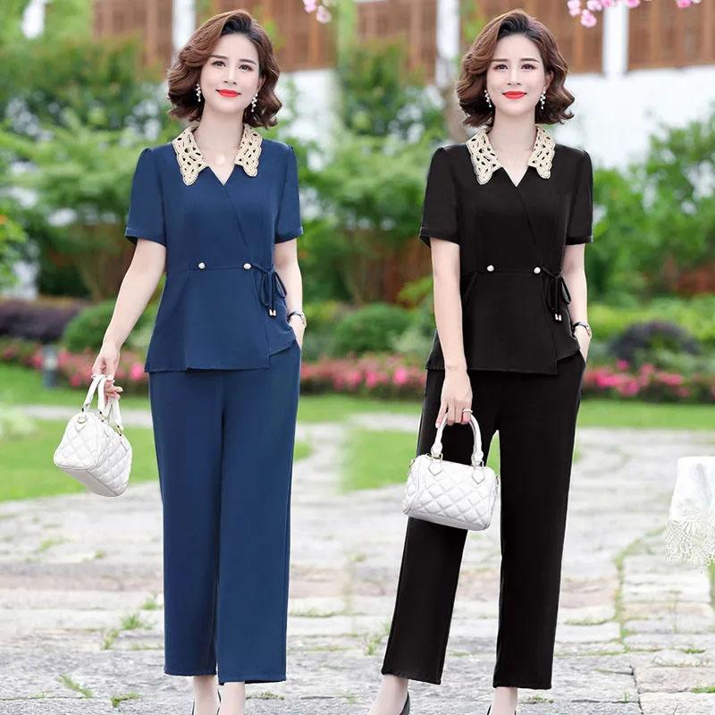Solid Color Chiffon Suit Summer Office Lady Loose Casual Two-piece Short-sleeved Shirt + Loose Wide-leg Pants Summer