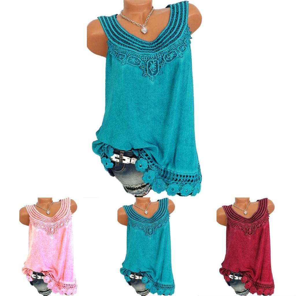 Women's Loose Sleeveless Vest T-shirt Blouse With Elegant Boho Lace Design In Plus Sizes