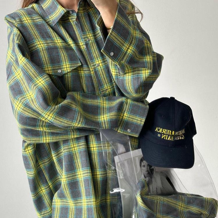 Retro Style All-Matching Lapel Loose Shirt 2025 Spring and Autumn Plaid Long Sleeve Pocket Women's Shirt