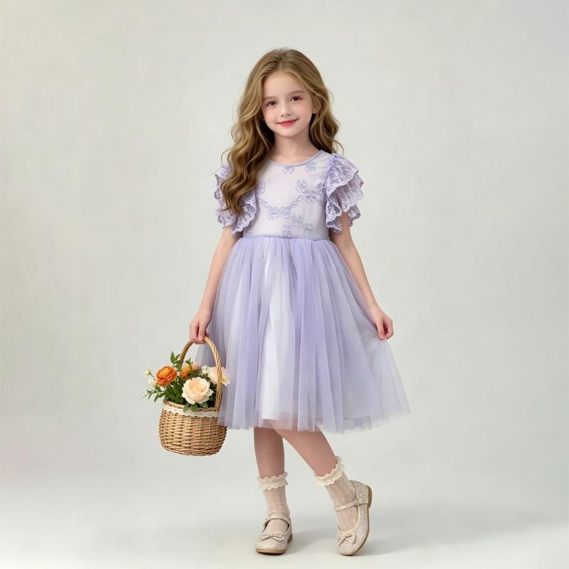 Little Girl Princess Embroidered Tulle Dress For Wedding Birthday Performance