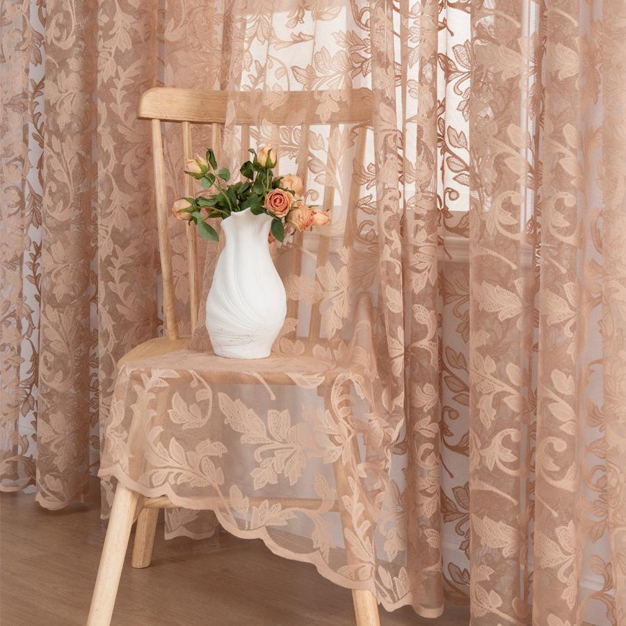 Embroidered Leaf Pattern Sheer Curtains, Polyester Lightweight Decorative Drapes for Living Room, Bedroom, Dining Room, Office