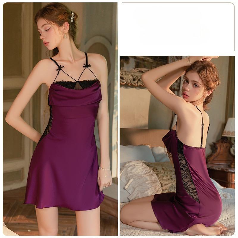 

Women’s Sexy Satin Sleep Dress Deep V Lace Sheer Cami Dress Cowl Neck Slim-Fit Nightgown L фіолетовий