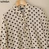 VONDA Elegant Women Tie V Neck Long Sleeve Polka Dots Casual Blouse Tops