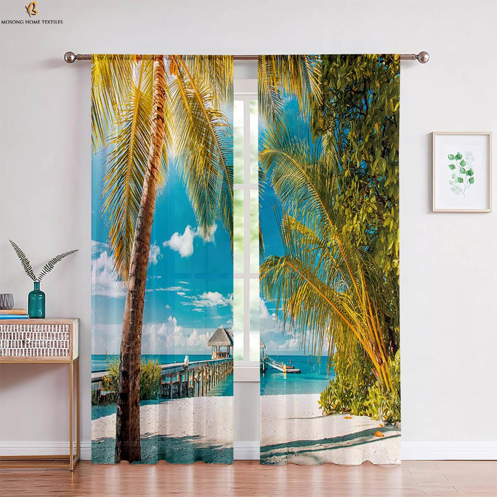Set Of 2 Window Curtains Seaside Scenery Coconut Tree Printing Bedroom Living Room Kitchen Decorative Curtain Polyester Perfect For Sitting