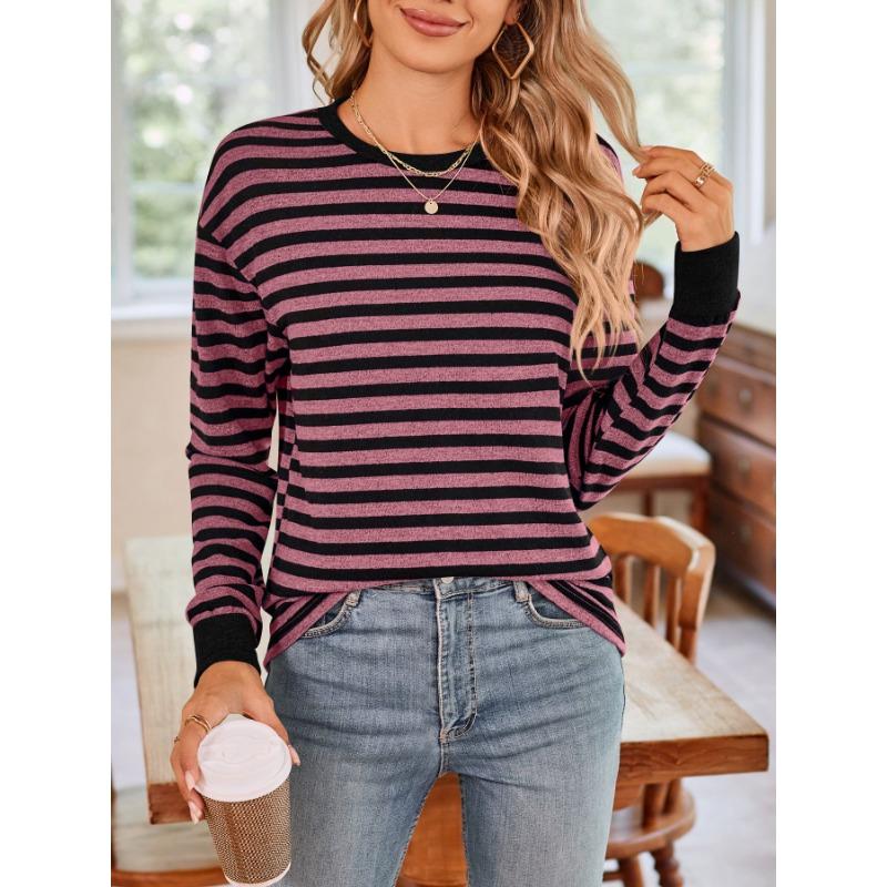 Striped Color Block Round Neck Long Sleeve Loose T Shirt Women Cashmere Brushed Pullover Top