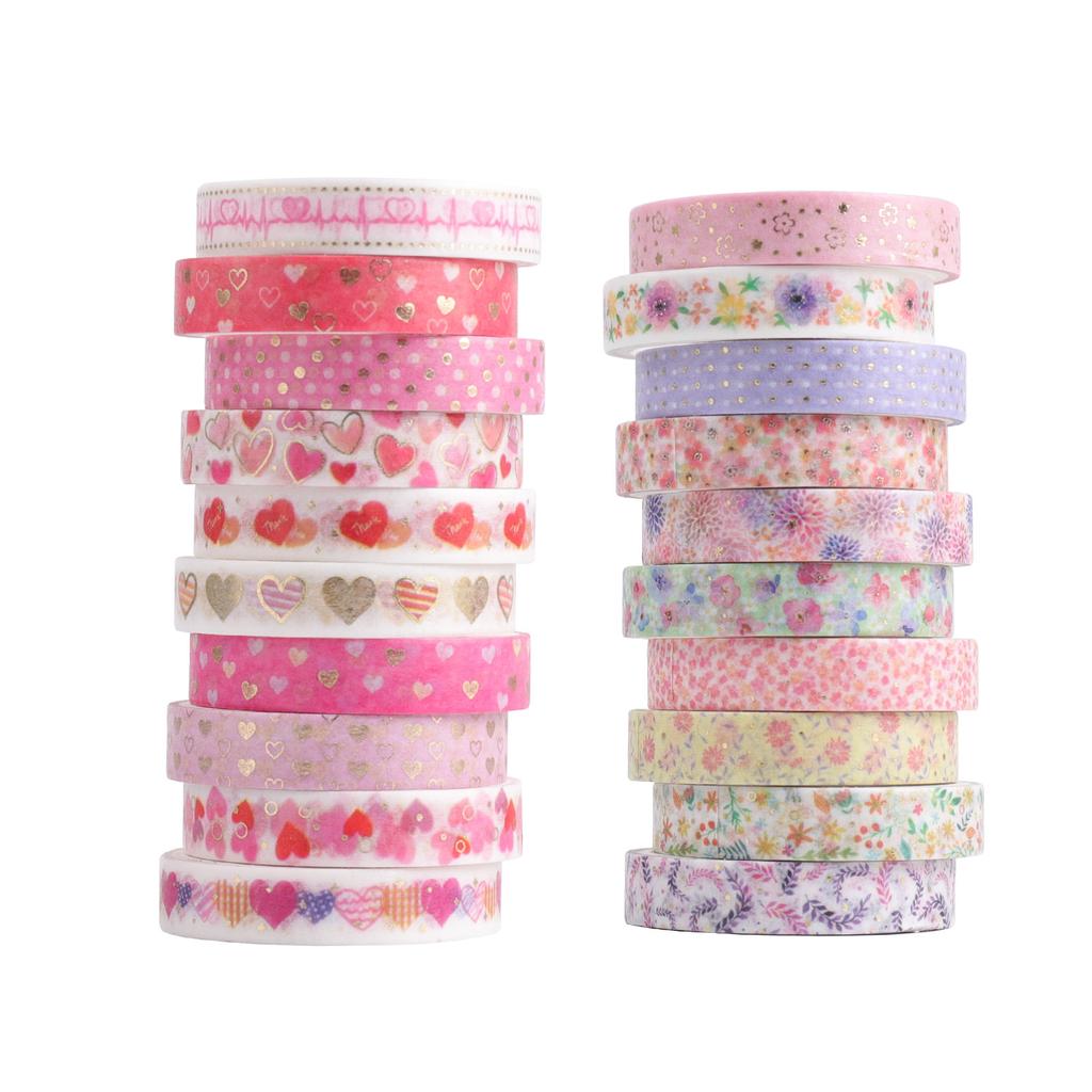 20pcs Pink Heart & Flower Pattern 8mm Decorative Adhesive Tapes Lace Floral Gift Stickers for Decoration A6076