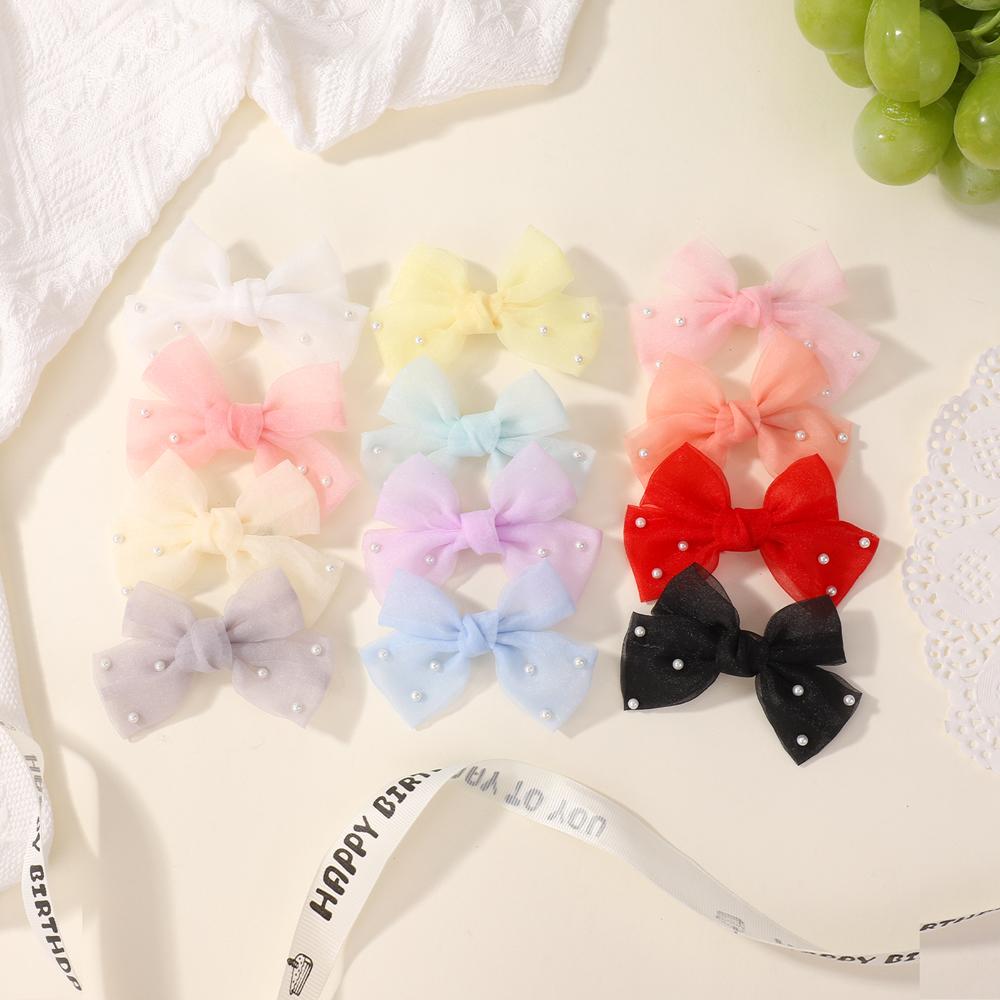 2Pcs/Set Pearl Bows Hair Clips Cute Sweet Girls Side Clip Solid Color Hairpin Handmade with Bow Hair Accessories Headdress Gifts