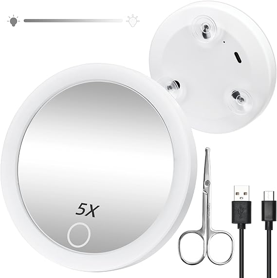 

Compact Mirror with Natural LED Light, Magnifying Mirror Rechargeable Lighted Travel Makeup Mirror, 4 with 3 Suction Cups