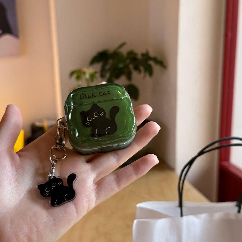 

Защитный чехол для наушников Pro2, чехол для наушников второго и третьего поколения, версия с шумоподавлением, третье поколение, четвертое поколение, корейский, милый, забавный, инс Apple AirPods 4 [Green Black Cat] Pendant