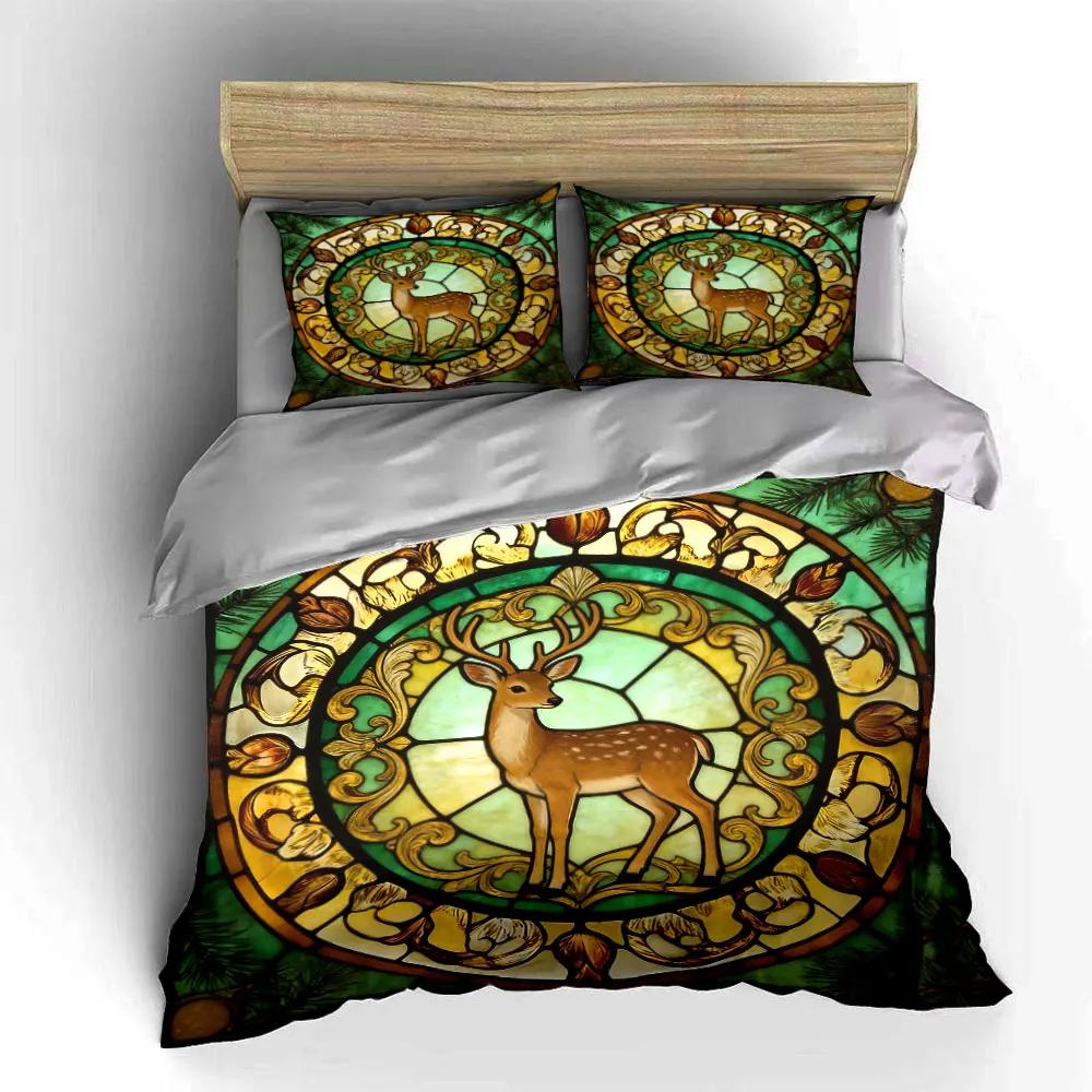 "Deer Stained Glass Window Decor" Soft Comfortable Duvet Cover Bedding Set Included 1*Duvet Cover & 2*Pillowcases Gift