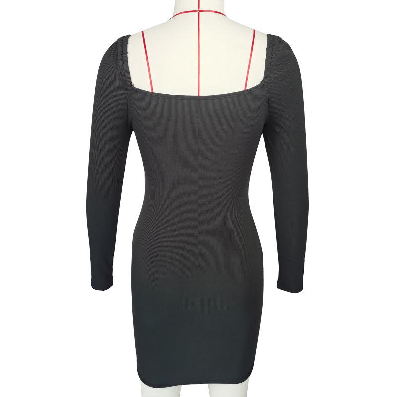 2024 Evropské a americké dámské šaty s dlouhým rukávem, čtvercovým výstřihem a nabíranými rukávy, slim střih