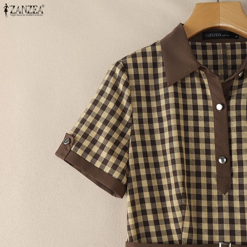 ZANZEA Damen Freizeit Langkleid mit Umlegekragen und Karomuster, Kurzarm