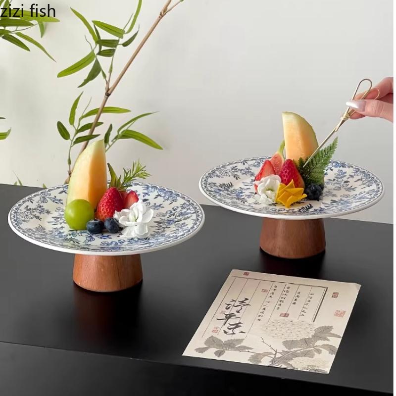 Blue and White Dessert Plate High Footed Fruit Plate Cake Stand Pastry Plates Refreshments Tray Bread Plates Dim Sum Dish Bowl