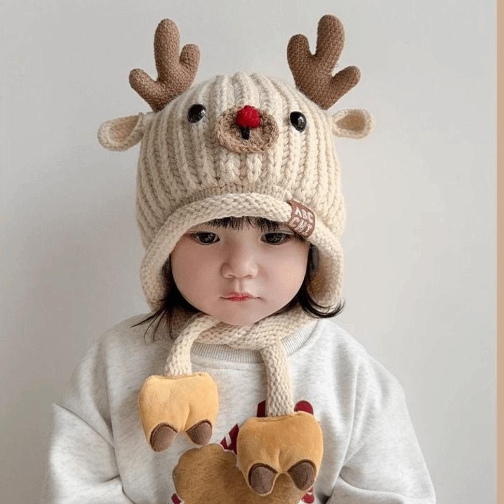 Cartoon Reindeer Pattern Ear Protection Hat Knitted Thicken Winter Warm Cap Warm Soft Kids Earmuffs Cap