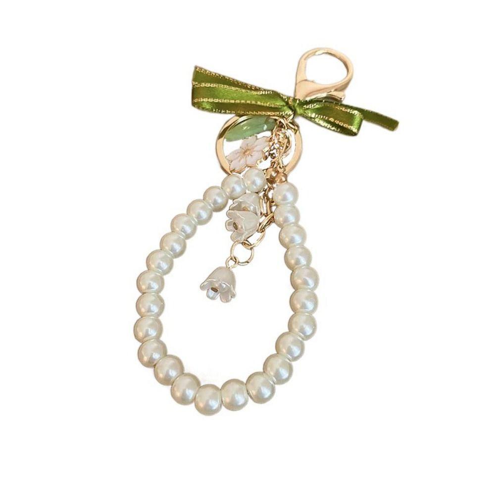 Pretty Green Ribbon Bow Key Chain Ins Pearl Strap Key Ring Bell Orchid Pendant Keychain  Girl