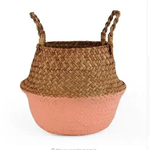 Foldable Rattan Grass Handmade Bamboo Storage Basket Laundry Grass Patchwork Wicker Rattan Seagrass Belly Garden Flower Pot