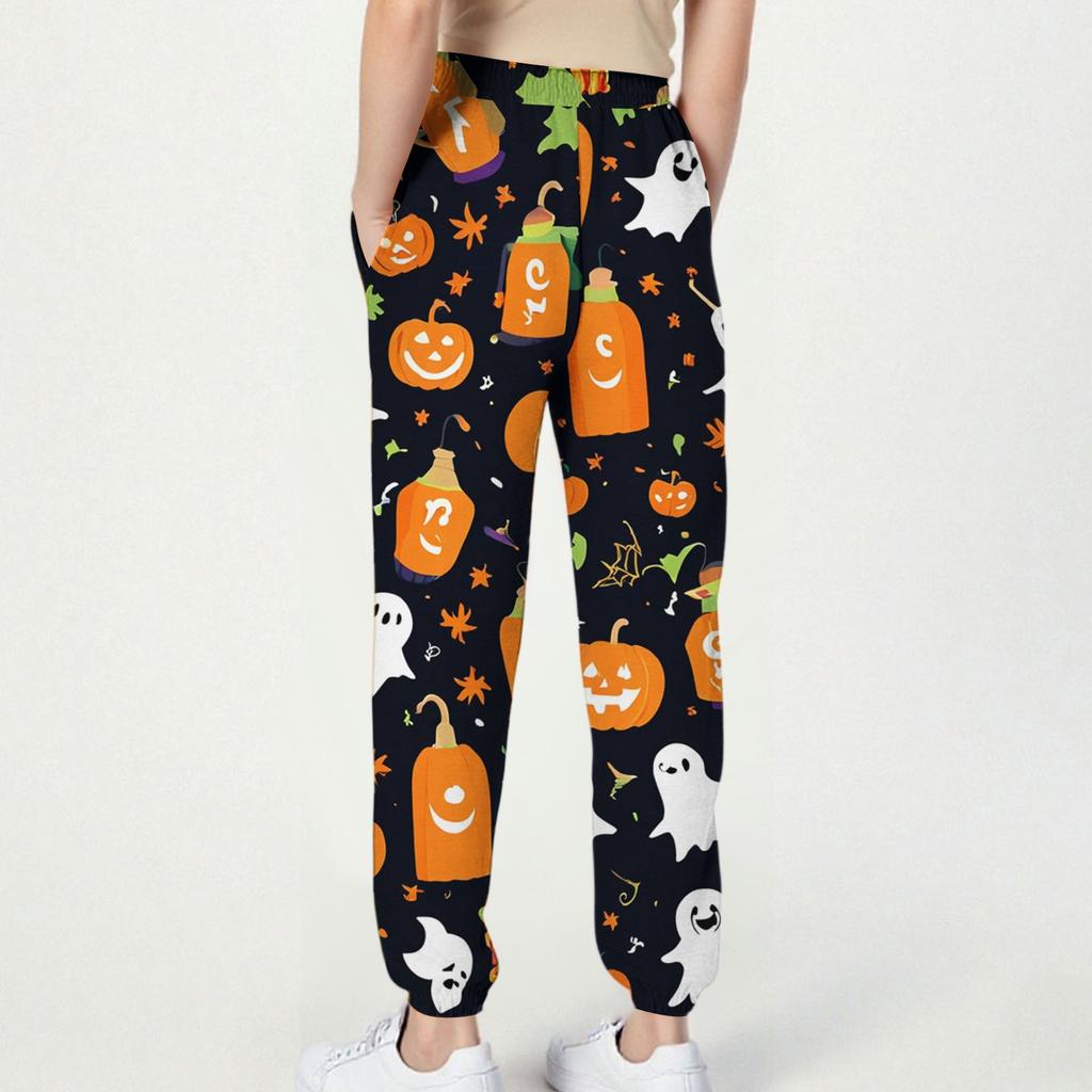 Damsportbyxor med fickor Mode Halloweentryck Elastisk midja Byxor Casual Sweatpants Byxor