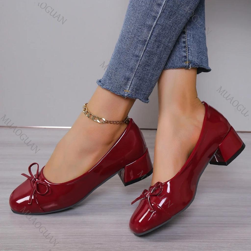 Fashion Women's Pumps Chunky Heeled Women Round Toe Bow-knot Sweet Wine Red Office Woman Mary Jane Shoes Fashion Shallow Heels for Women