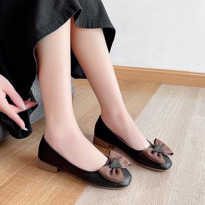 2025 New Korean Version Soft Sole Soft Surface Low Heel Bow Square Head Single Shoes Comfortable Versatile Temperament Work Doudou Shoes