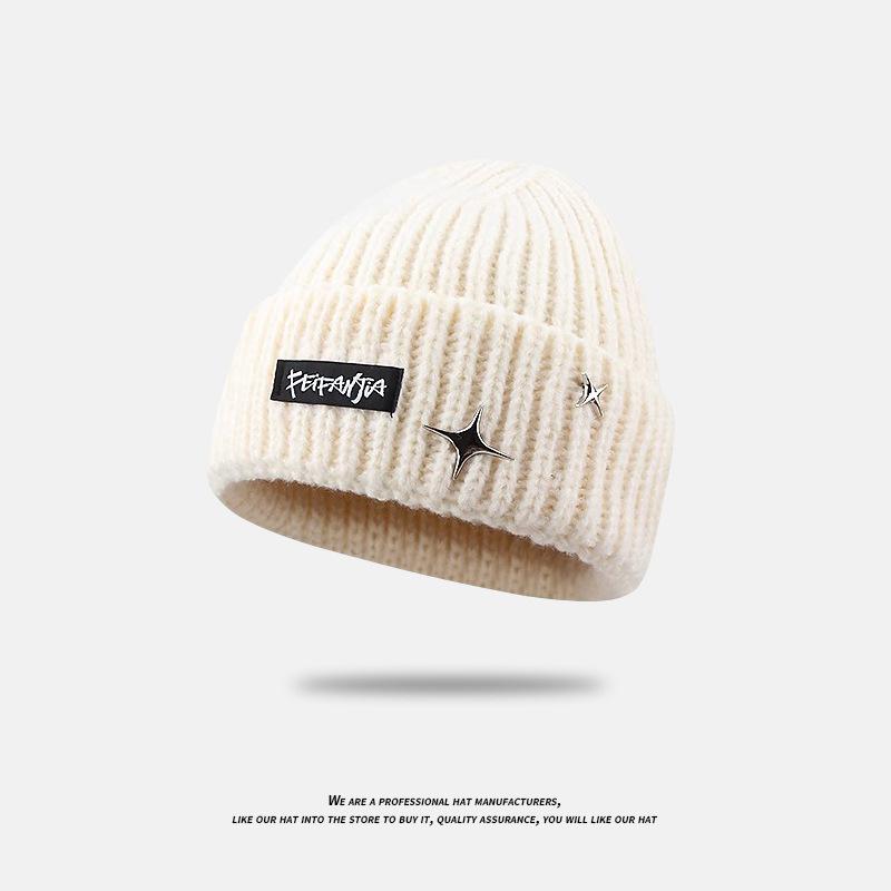 Letter Patch Knitted Hat for Women All Match Fashion Large Head Circumference Woolen Hat Winter Warm Ear Protection Star Pullover Cold Hat