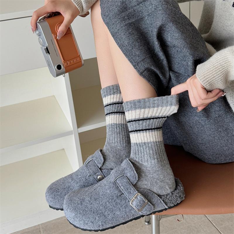 Grey-toned Women's Autumn and Winter Woolen Socks, Thickened and Warm Pile Socks, Striped and Color-blocked Winter Woolen Long Socks
