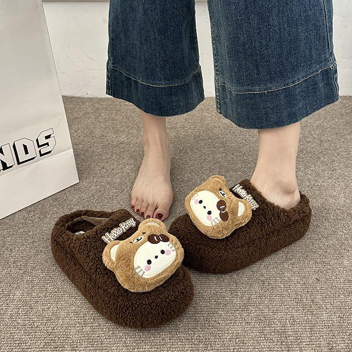 Thick sole height increase cute Hello Kitty fluffy slippers women 2025 autumn hole fashion versatile girl heart bag head cotton shoes women