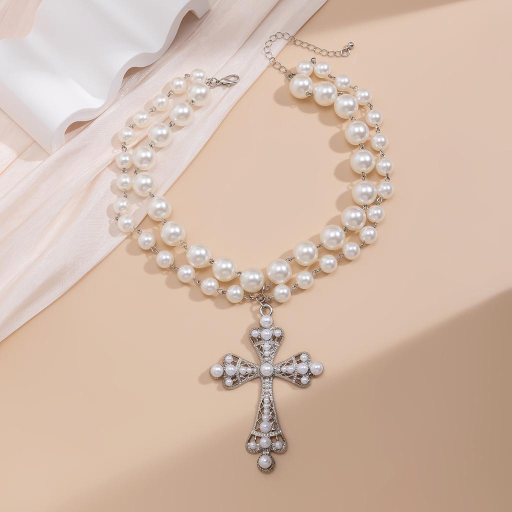 Goth Simulation Pearl Cross Pendant Necklace for Women Y2k Gothic Jewelry Chokers Cross Party Jewelry Gifts
