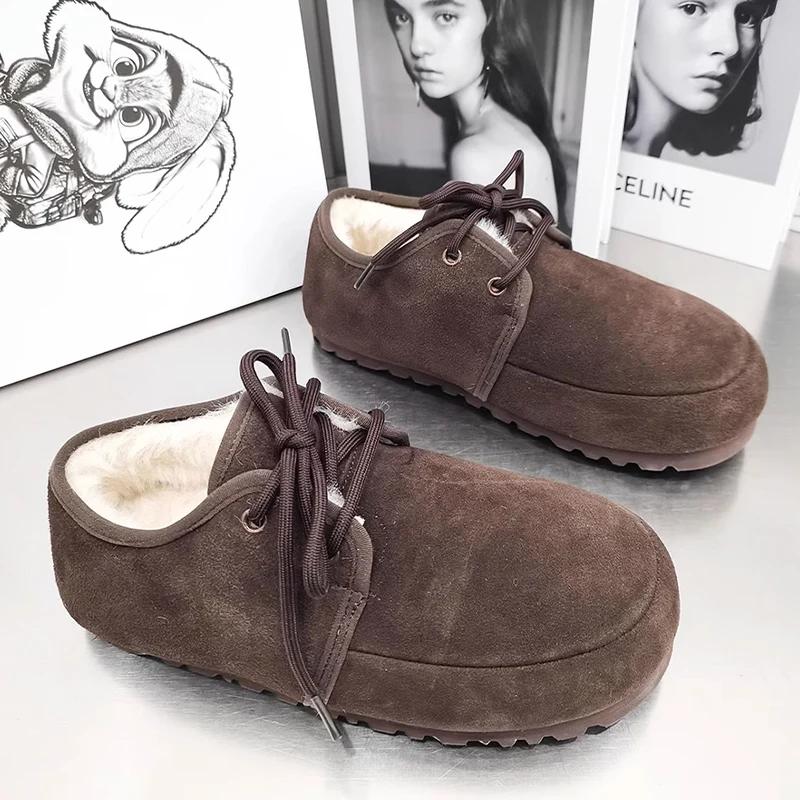 Plush Cotton Shoes Women Snow Boots Suede Fur Slippers Flats Casual Sneaker 2024 Trend Brand Mules Lace Up Warm Fad Winter Botas