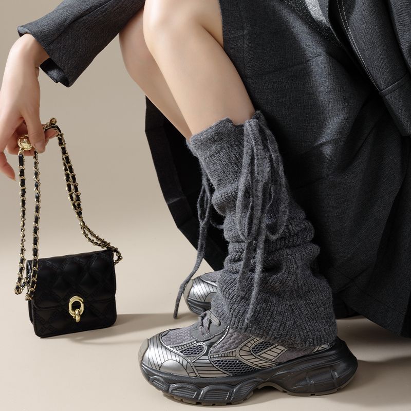 Japanese Style JK Drawstring Strappy Slouch Socks Leg Warmers Slimming Long Tube Socks Autumn Winter Micro Flared Leg Warmers Warm Knitted Loose Fit