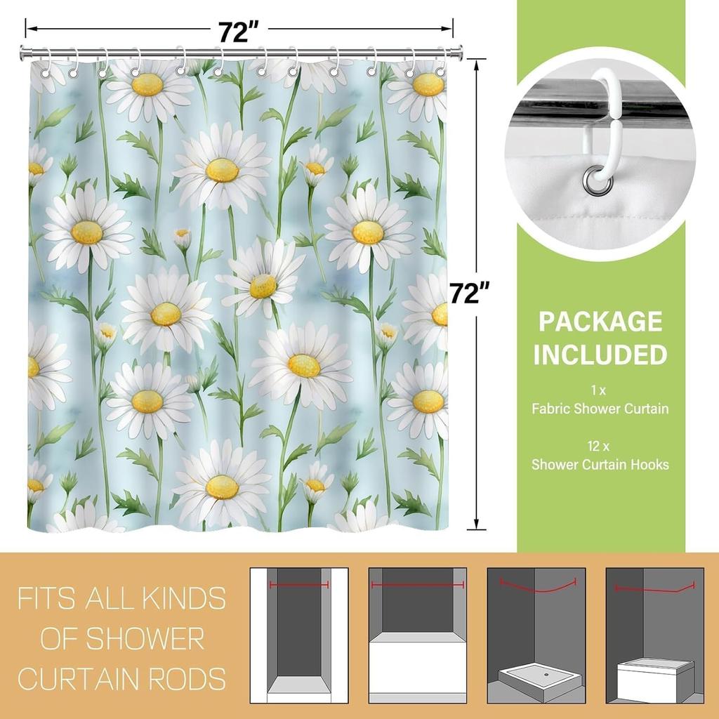 Blue Floral Shower Curtains,Cute Daisy Bathroom Curtain,Flower Washable Waterproof Polyester Fabric Bath Curtain Modern Aestheti