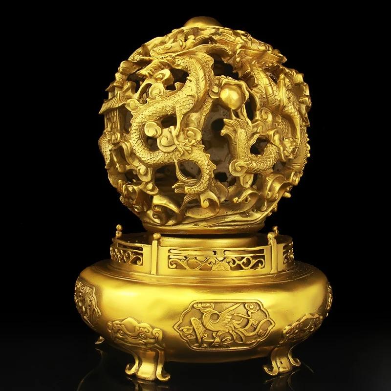 13x15cm Brass Nine Turn Qiankun Dragon Tripod Feng Shui Accessories Attract wealth living room shop office Wine cabinet decorate