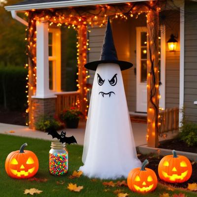 Decorațiuni Fantomă Halloween DIY Expresii Înfricoșătoare Kit Artizanal Fantomă Albă cu Pălărie de Vrăjitoare pentru Decor Exterior Interior Curte Grădină Gazon