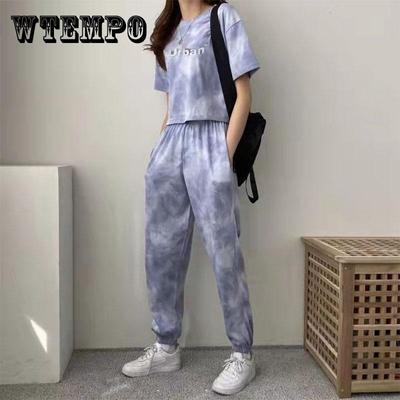 2 adet kadın günlük kıyafet yaz kore versiyonu gevşek batik spor spor takım elbise iki parçalı kısa kollu tişört geniş bacak pantolon takım elbise