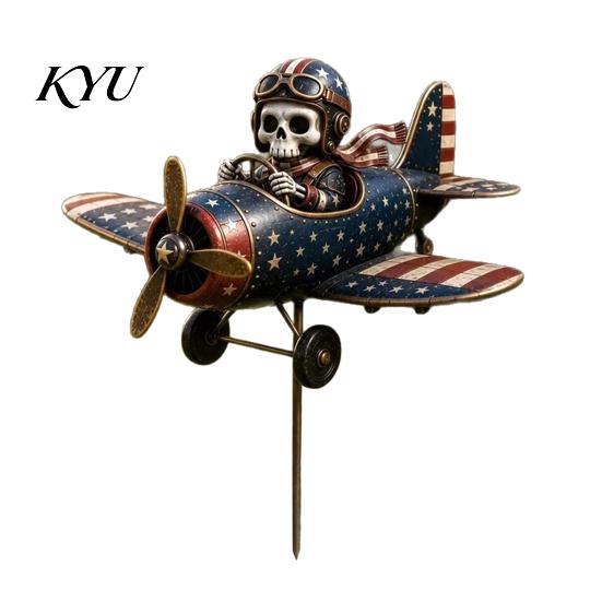 Unique Cemetery Decoration Metal Skeleton Pilot Airplane Wind Spinner with Ground Stake, Vintage American Flag Garden Halloween Stake Yard Rustic Iron