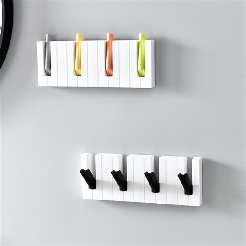 Piano Key Shaped Foldable Hook Adhesive 4 Hooks Clothes Hat Scarf Hanging Rack Household Wall Decorative Hook