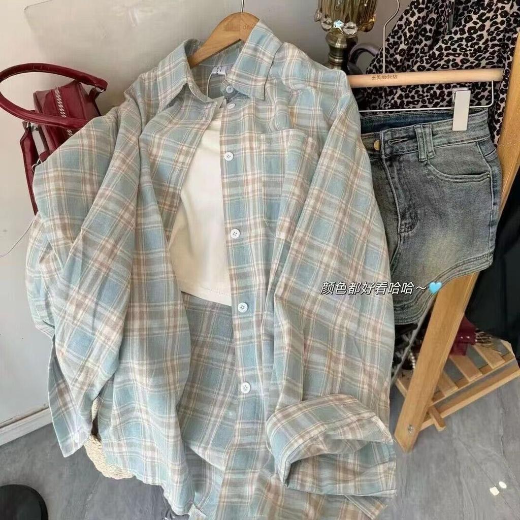 Women's Point Collar Long Sleeve Plaid Shirt Loose Fit Fresh Vintage Casual Button Down Overshirt 2024 Autumn Cotton Oversized Blouse