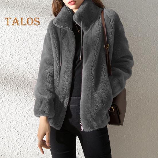 Jesienny zimowy damski kardigan dwustronny futrzany pluszowy zamek błyskawiczny ściągacz stójka długie rękawy pogrubiony jednolity kolor koralowy polar dzianinowa kurtka