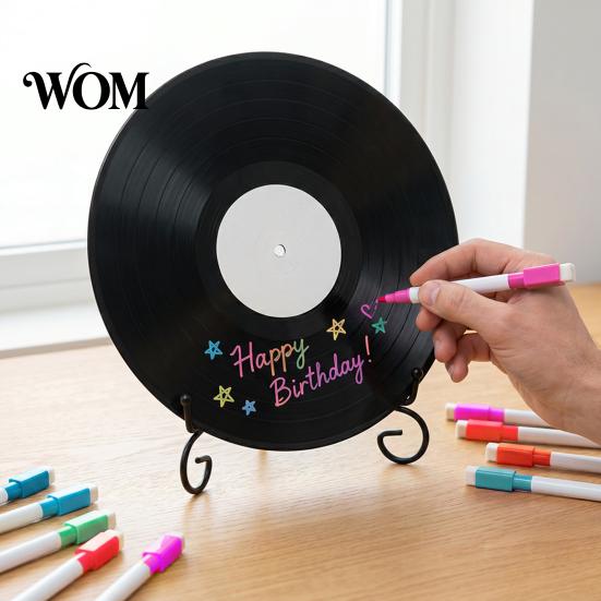 Desktop Display Stands Vinyl Record DIY Graffiti Clock Ornament, Blank Acrylic Retro Tabletop Wall Reusable Drawing Surface Decor with Stand,