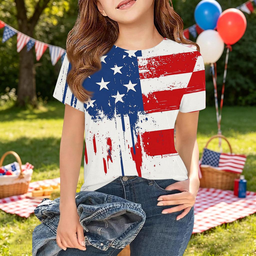 Girls Short Sleeve T Shirt Independence Day Print Kids Casual Tee Top Lightweight Breathable Soft Fabric Summer Shirt for Children