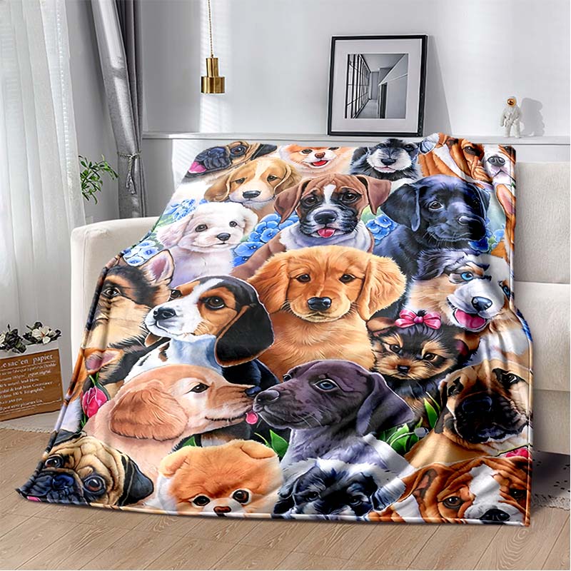 All Breeds Dogs Flannel Blanket, Soft Warm Throw with Multi Dog Faces Print for Bed Sofa, Cozy Bedding for Dog Lovers