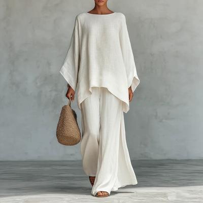 Women's Round Neck Long Sleeve Loose Linen Blend Top Wide Leg Pants 2 Piece Outfits