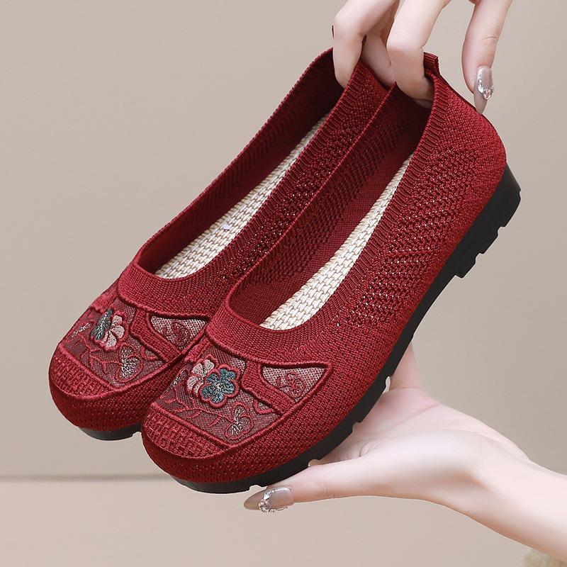 New Summer Breathable Hollow Mesh Women's Single Shoes Embroidered Shallow Mouth Mother Shoes Light and Comfortable Doudou Shoes