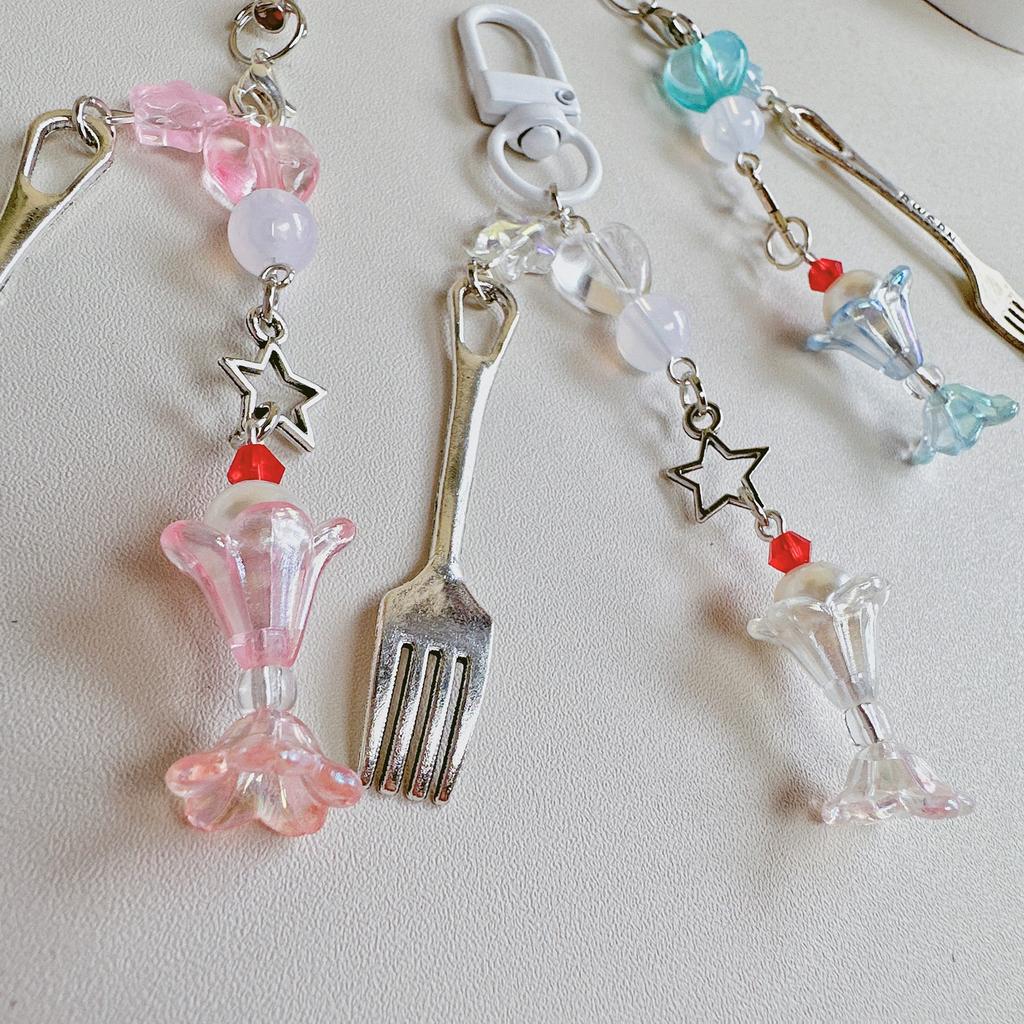 1 Sweet Cartoon Ice Cream Short Phone Charm Kawaii Korean Fashion Fork Pretty Star Phone Pendant Mini Phone Cord