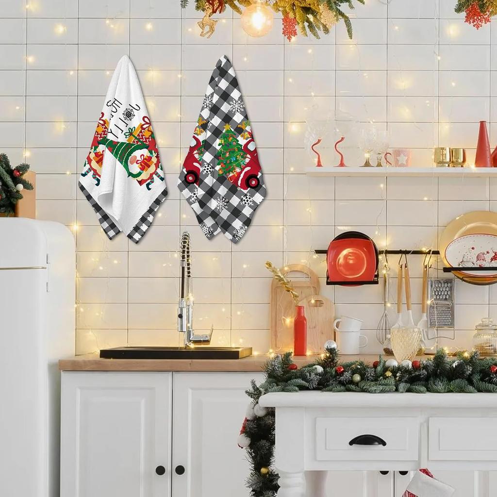 2 Pack Christmas Kitchen Towels and Dish Towels, 16 x 24 Inch Christmas Plaid Truck Tree Gnome Gift Box Absorbent Drying Cloth Tea for Cooking Baking