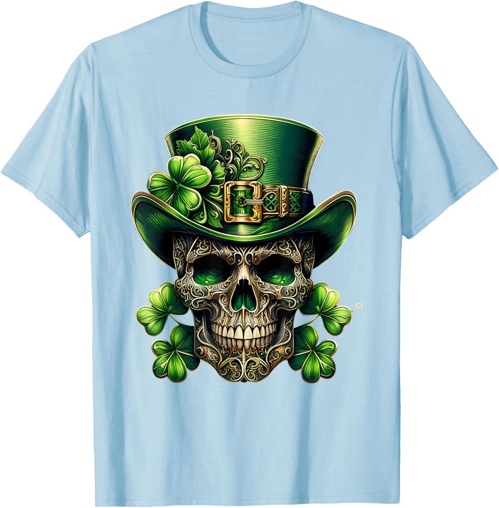 Leprechaun Skull St Patrick Day Shamrock Graphic Print Men's Cotton T-Shirt Daily Wear