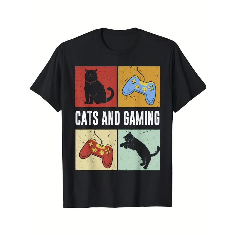 Men'S 100% Cat & Gaming Graphic T-Shirt - Retro Video Game Design with 8-Bit Cat & Controller Print, Breathable Round Neck Short Sleeve Tee for