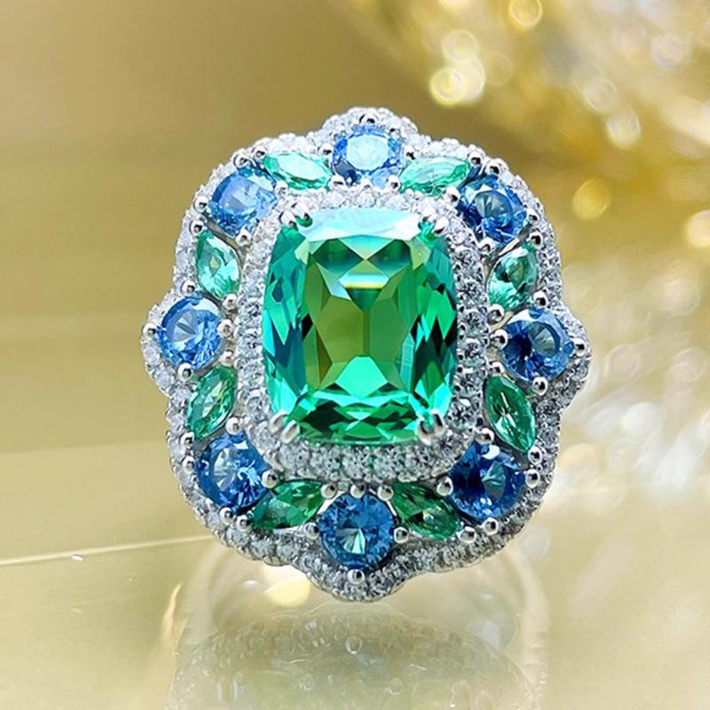 Simulation Retro Colored Treasure Pendant Necklace Colored Treasure Earrings Set Jewelry Emerald Female Stud Earrings Zircon Ring